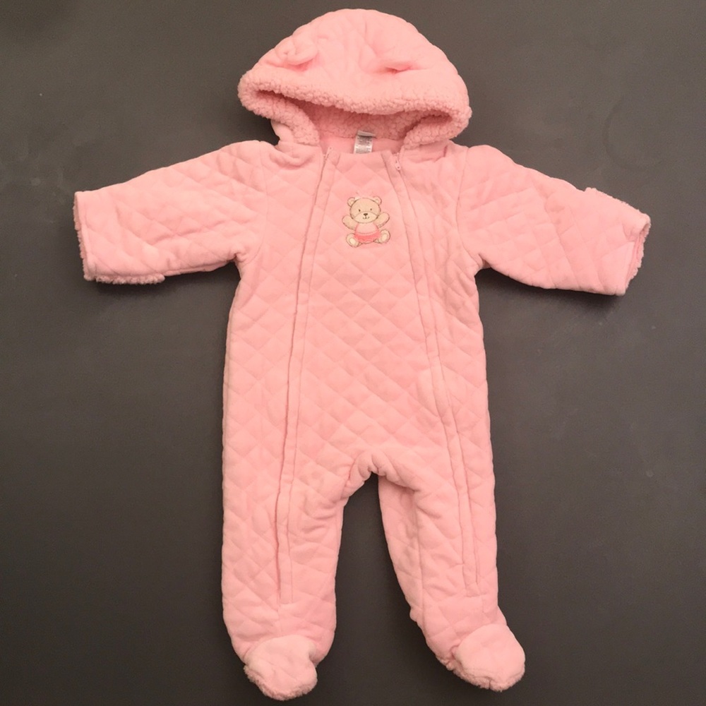 Excellent condition: Little Me Faux Fur Hood Quilted Coverall 6-9mo